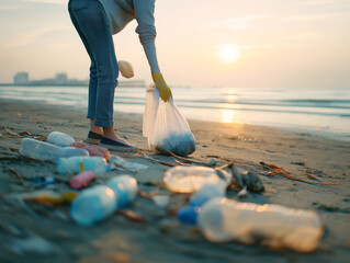 Plastic waste pollution on the beach with volunteers cleaning up trash at sunset, ai generated