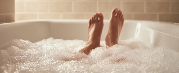 Fototapeta premium The Feet Relaxing in a Bubble Filled Bathtub Surrounded by Soft Warm Light