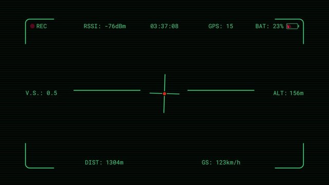 FPV Drone camera viewfinder green interface overlay with flight telemetry indicators. Quadcopter OSD screen with flicker and altitude, speed, battery, and GPS data. MOV Alpha Transparent