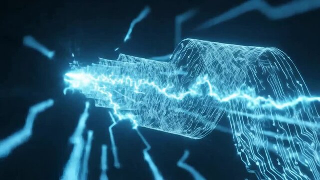 Abstract technology concept featuring a circuit board pattern with electric current flowing through a wave-like structure.