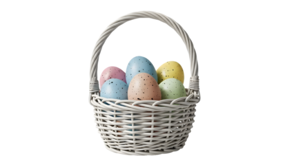 Easter eggs in a woven basket isolated on transparent background