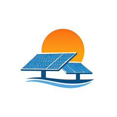 Colorful illustration of solar panels with the sun and stylized waves