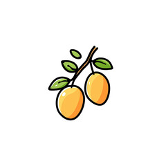 Two yellow, oval fruits hang on a branch with small green leaves against a black backdrop