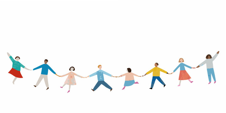 A diverse group of people joyfully holding hands in a circle