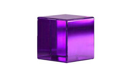 A glossy, purple translucent cube against a black backdrop, showcasing reflections and sharp edges
