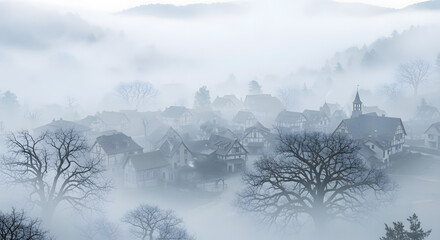 Aerial view of a village nestled in a misty valley, with bare trees in the foreground. Houses and a church tower peeking through the fog