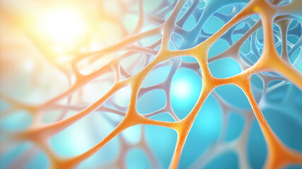 Orange cellular network organic mesh in natural daylight with soft blue background and warm sunlight glow conveying delicate structure and abstract warmth