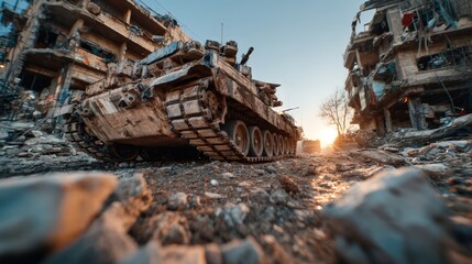 Battle-Scarred Tank in Urban Warzone Surrounded by Ruins and Debris