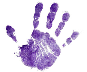 A vibrant, purple handprint isolated against a stark, black background. Finger details visible