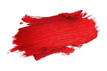 Textured, vibrant, red paint stroke against a black background, with visible brush marks