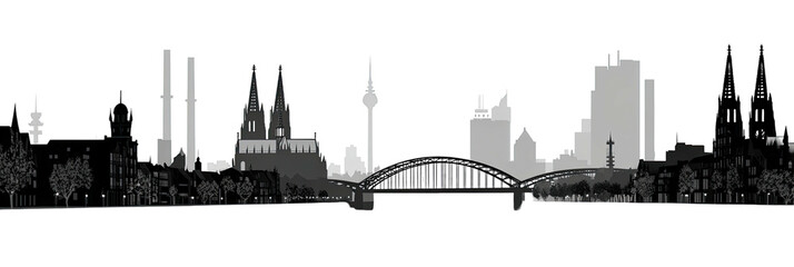 A grayscale depiction of a city skyline with various buildings, a bridge, and trees at night