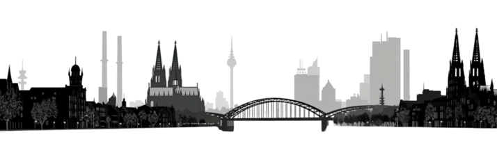 A grayscale depiction of a city skyline with various buildings, a bridge, and trees at night