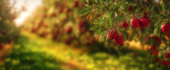 The apples hanging on sunlit branches in a dewy orchard at golden hour