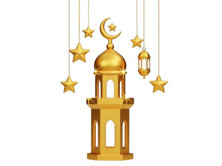 Obraz premium Golden mosque lantern with stars and crescent isolated on transparent background