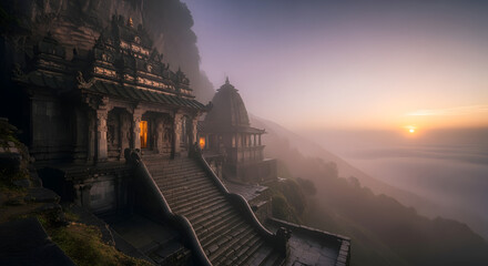 Ancient stone temple carved into a cliff face at dawn, enveloped in mist, steps leading to the entrance, sun rising in the background