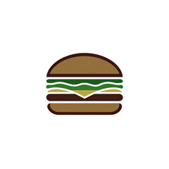 Flat illustration of a classic hamburger with bun, patty, cheese, and lettuce against black backdrop