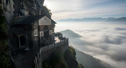 Ancient structure carved into a cliffside, overlooking a sea of clouds at sunrise. Majestic views
