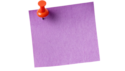Purple square sticky note pinned with an orange pushpin against a solid black background