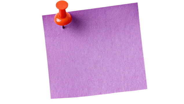 Purple square sticky note pinned with an orange pushpin against a solid black background