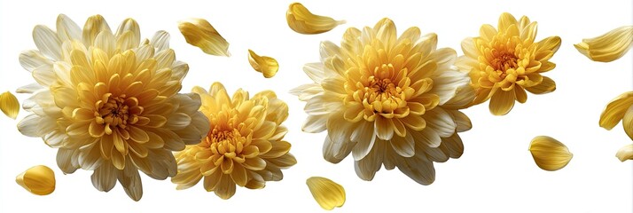 Golden chrysanthemums with scattered petals on white background