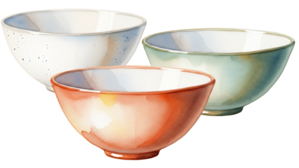 Three ceramic bowls with unique designs and colors on a white background viewed from a slightly elevated angle