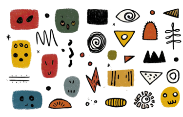 Whimsical digital illustration featuring various colorful abstract shapes and doodle-like characters