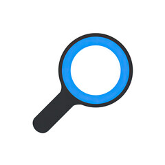 A stylized magnifying glass icon with a black handle and a blue ring. The background is black