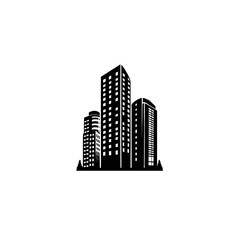 Fototapeta premium Silhouetted cityscape, three stylized high-rise buildings, white against a stark black background