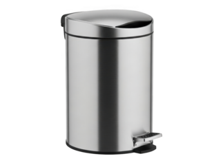 Brushed stainless steel round pedal trash can with lid and pedal isolated on a transparent background