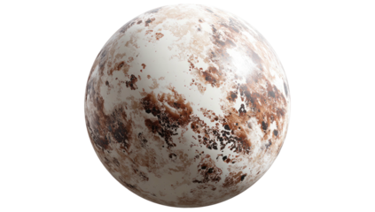 Glossy sphere, marbled with white, dark brown, and reddish-brown textures against black backdrop