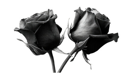 Monochrome close-up of two elegant roses in full bloom against a stark black background