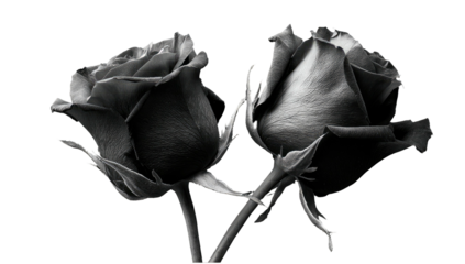Monochrome close-up of two elegant roses in full bloom against a stark black background