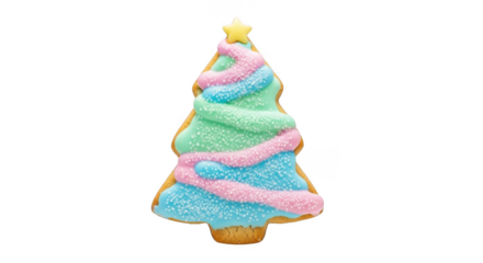 Christmas tree shaped cookie with pastel icing and sugar sprinkles isolated on a transparent background
