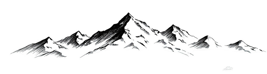 A monochrome illustration showcasing a range of jagged mountain peaks silhouetted against a dark background