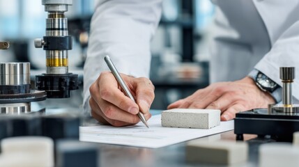 Hands of materials engineer documenting data while inspecting fractured ceramic piece surrounded by lab instruments designed for strength analysis and validation.