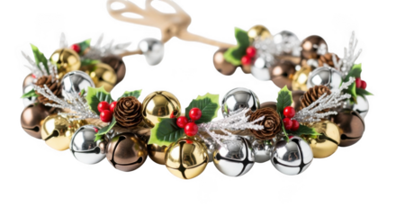 Christmas wreath with jingle bells pine cones holly and reindeer antlers isolated on a transparent background