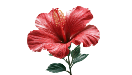 Vivid red hibiscus blossom with green leaves, isolated against a black background