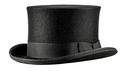 A classic, tall, black, cylindrical top hat, a formal, elegant accessory, isolated on transparent