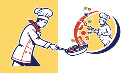 Illustration of chef cooking with food icons