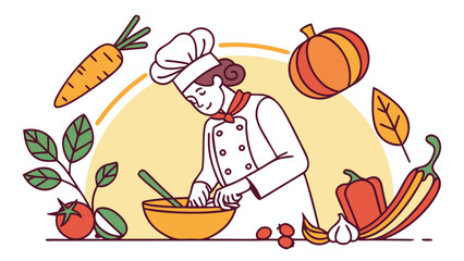 Illustration of chef preparing food with vegetables