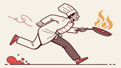Cartoon chef running with flaming pan