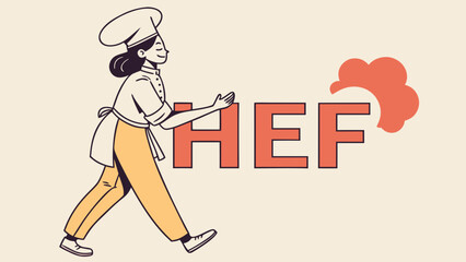 Cartoon chef woman walking with chef hat and apron