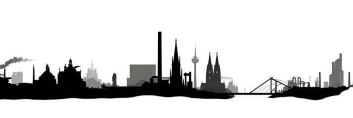 A grayscale depiction of a city skyline with distinct architectural profiles against a dark background