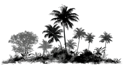 A grayscale silhouette of tropical trees, including palm and others, on a dark backdrop