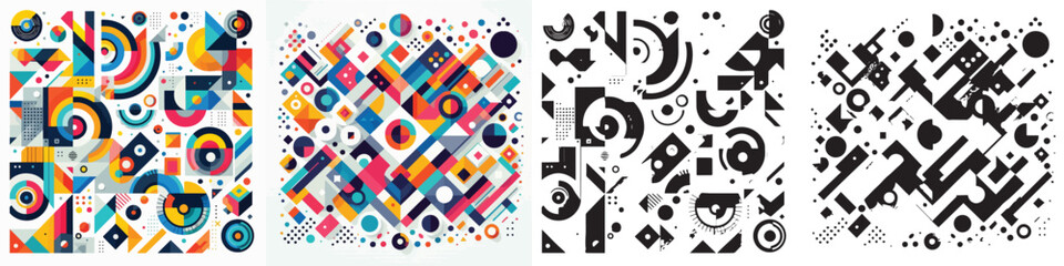 Vector set design and silhouette of colorful geometric patterns on white background.