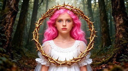 Obraz premium Surreal Pink-Haired Girl in White Lace Dress Crowned with Golden Thorns Amid Enchanted Forest