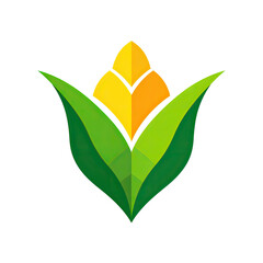 Modern flat design illustration of corn on the cob with green leaves on black background