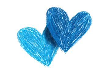Two blue crayon-drawn hearts overlapping on a black background, representing love and connection