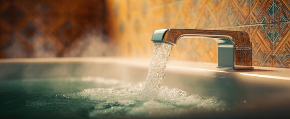 The bathtub overflowing with warm water and steam in a tiled bathroom