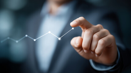 Businessman hand pointing at rising line chart with glowing data points showing growth and decision making confidence